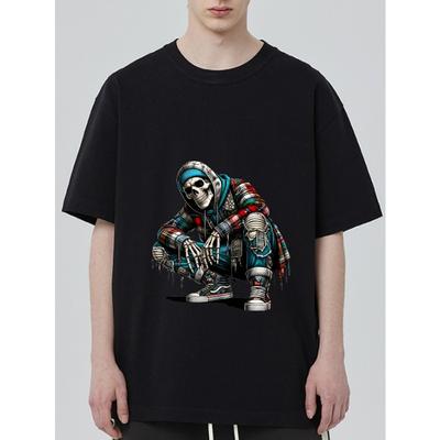 Black T Shirt with Skeleton Hip Hop Dance Design for Casual Wear