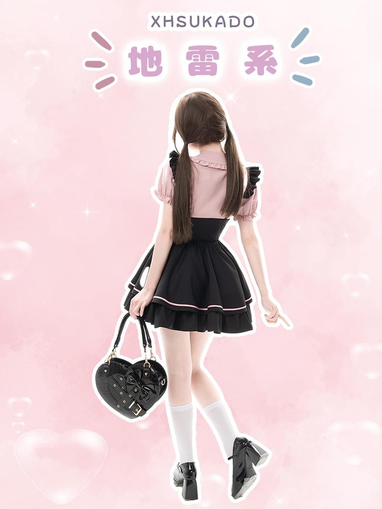 Shirt Blouse with Detachable Heart and A Top for and Short Sleeve Top and Bottom [XHSUKADO] Women's Short-Length Ribbon, Ruffles, Lace, Buttons,