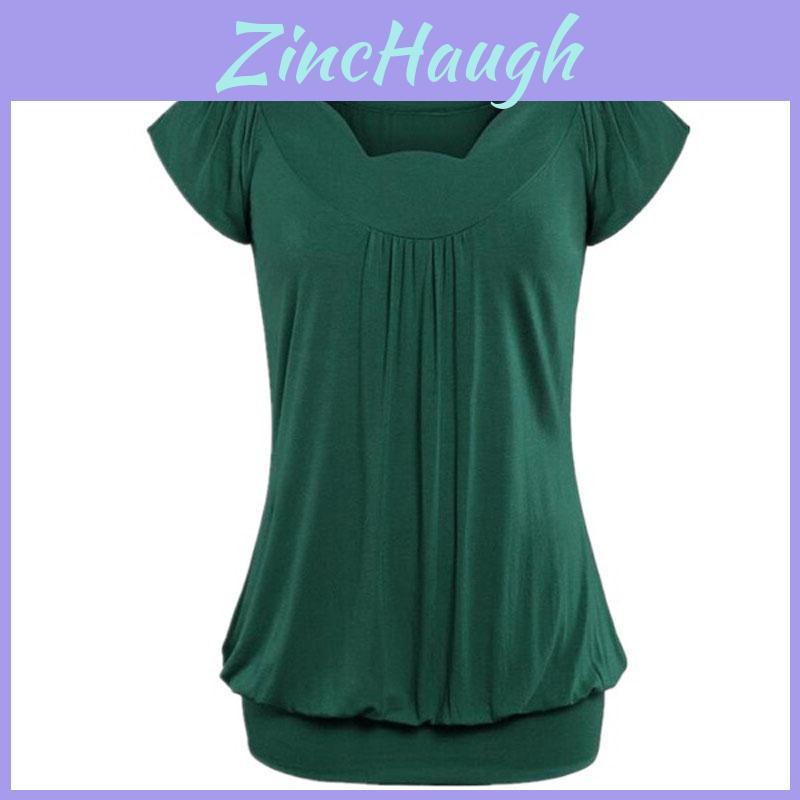 Elegant Women's Fashion Summer V-neck Short Sleeve Pleated Loose Blouse Plus Size