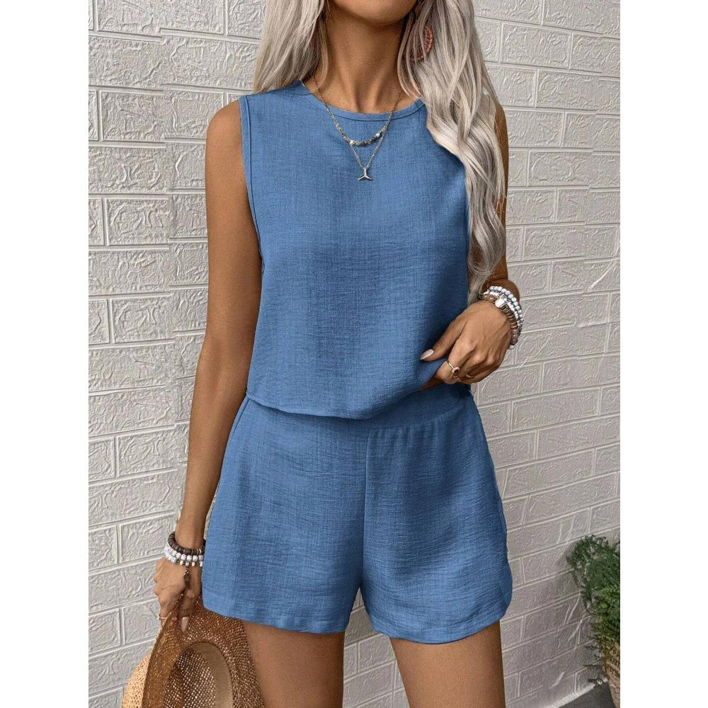 Women's Solid Color Simple Fashion Casual Sleeveless Top and Shorts Set