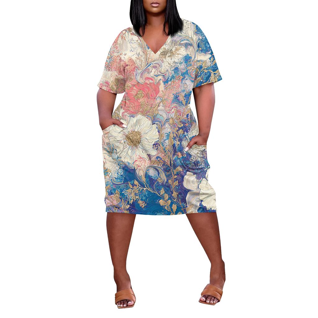 Letní nadměrné velikosti V výstřih krátký rukáv ke kolenům kapsa potisk ležérní šaty pro ženy