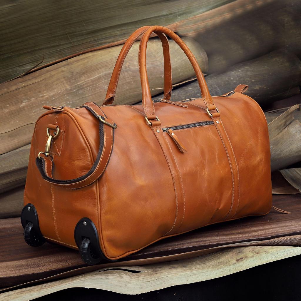 Handmade Leather Trolley Duffel: Personalized Mens Weekender Holdall Bag Gift him