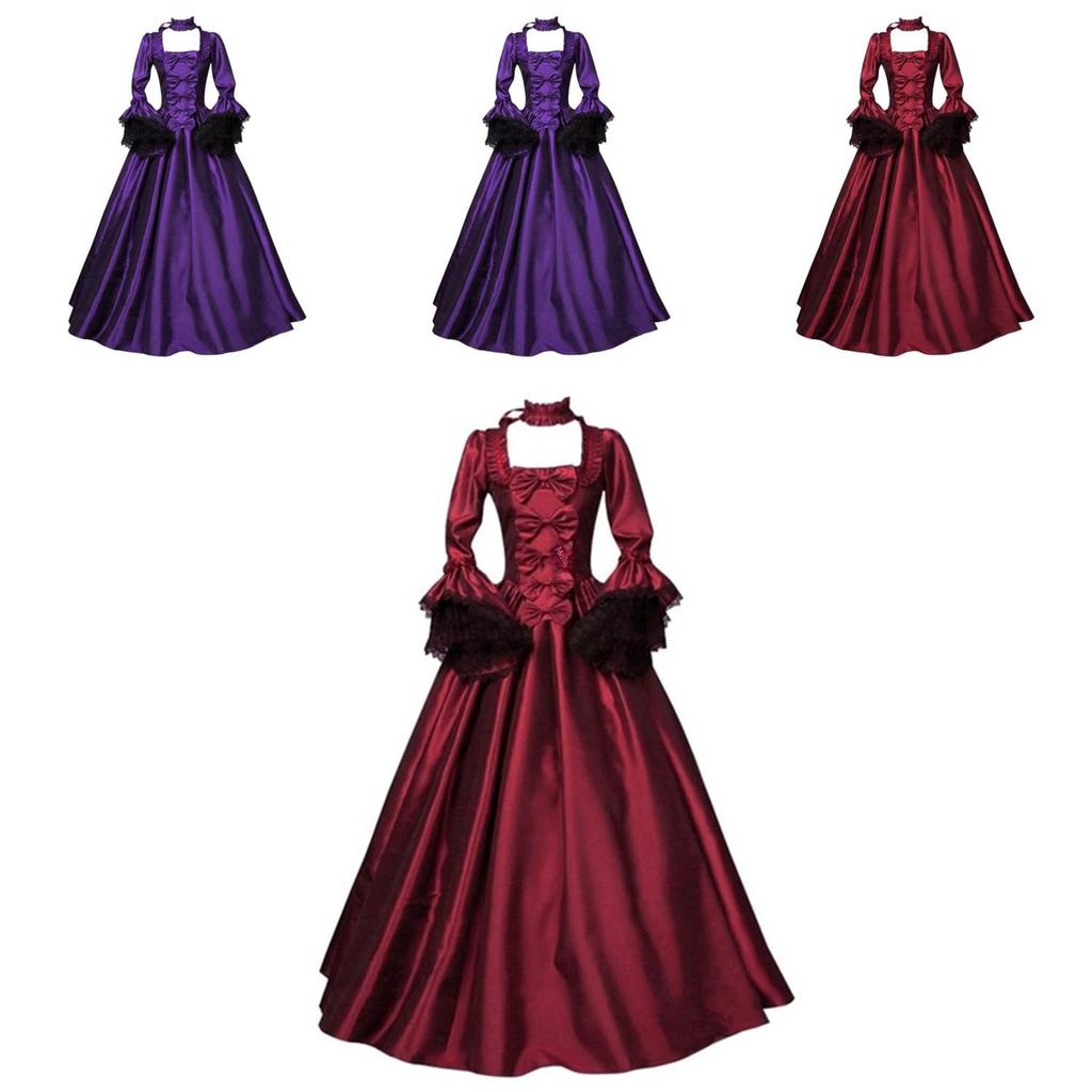 Elegant 2020wish Medieval Lace Patchwork Bell Sleeve Long Dress For Vintage Style