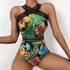 Women's Sexy Printing Patchwork Tank Top One-Piece Wavy Edge Bikini Swimsuit