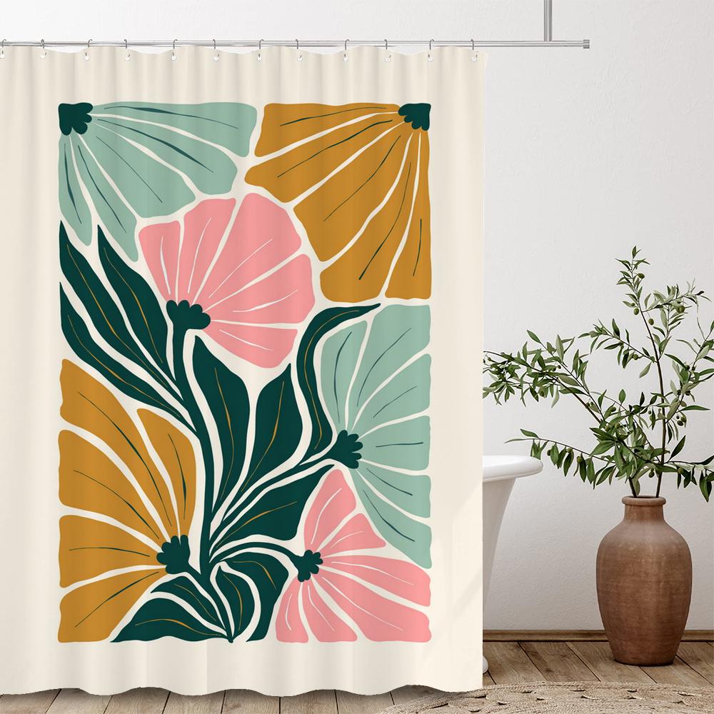 Artistic Abstract Plants and Flowers Print Shower Curtain Polyester Fabric Bath Curtain With Hooks Curtains For Bathroom Decor