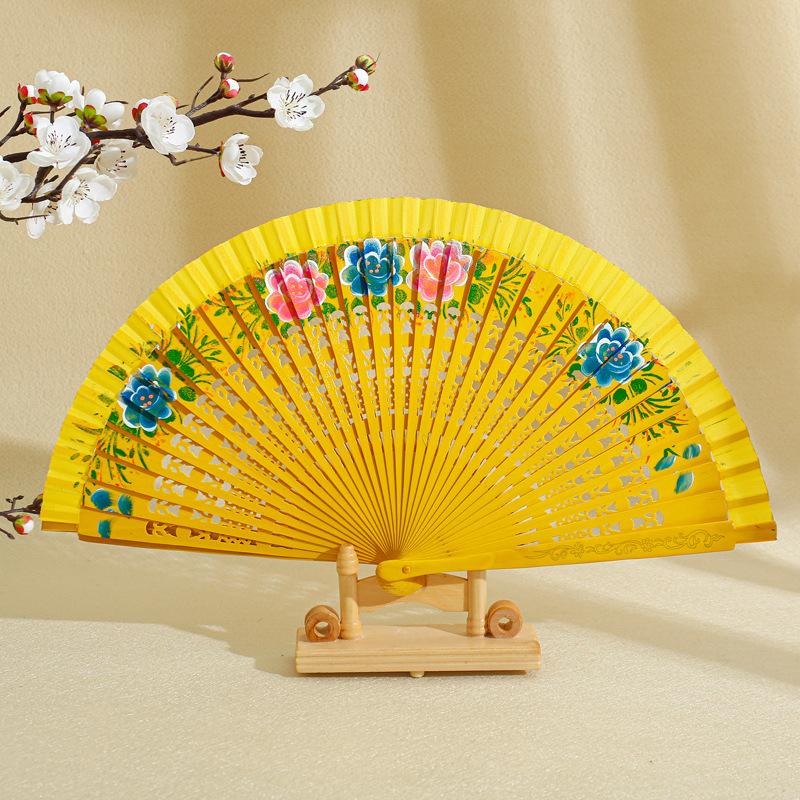 Women Vintage Spanish Folding Fan Double-Side Flower Painting Gypsy Wooden Hand Fan for Dance Festival Decoration
