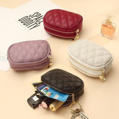 Porte-monnaie en cuir véritable pour femme Double fermeture éclair Portefeuille multifonctionnel Mini porte-cartes et porte-clés Accessoire de mode compact