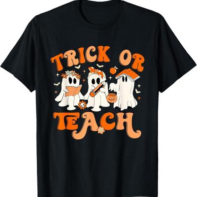 Teacher Halloween Trick Or Teach Retro Groovy Floral Ghost T Shirt S 3Xl