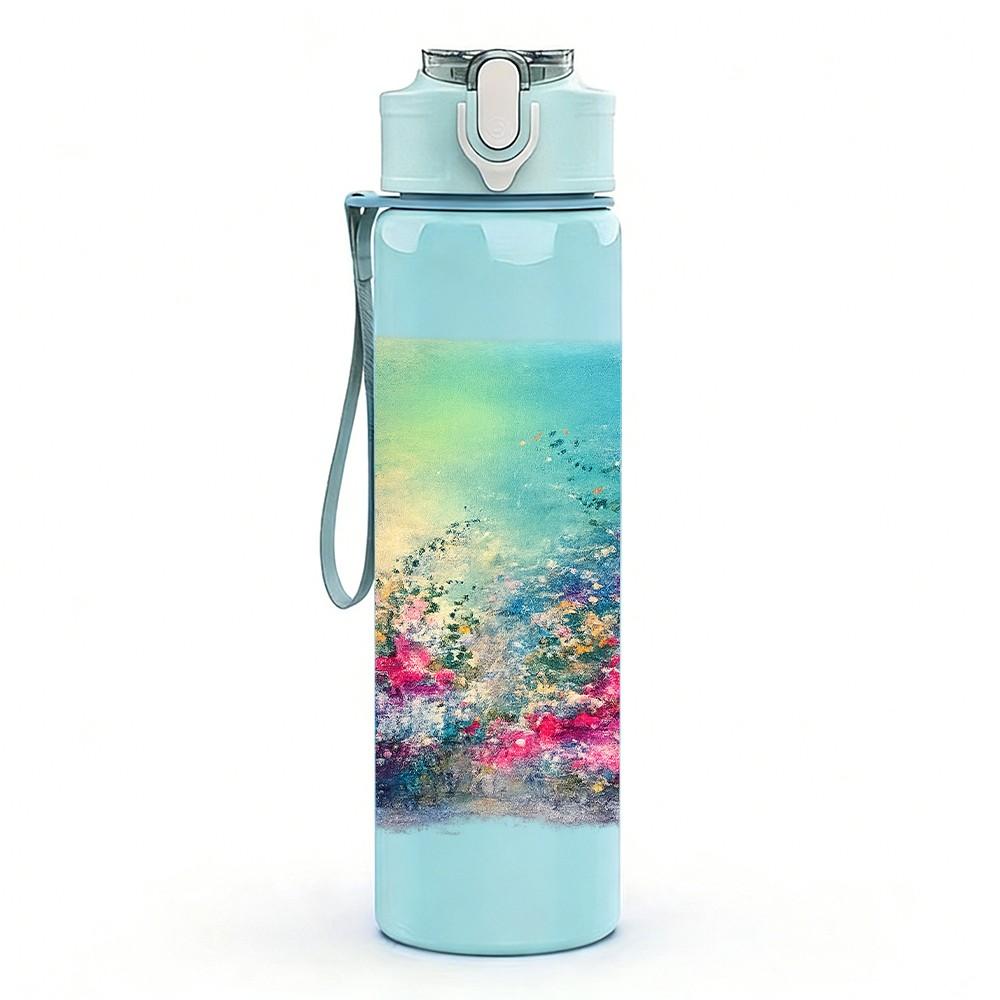1PC Dreamy Blue Watercolor Scene Print 750ml Color Plastic Sports Water Bottle Leakproof Flip Straw Lid Suitable for Sports Office Home Use