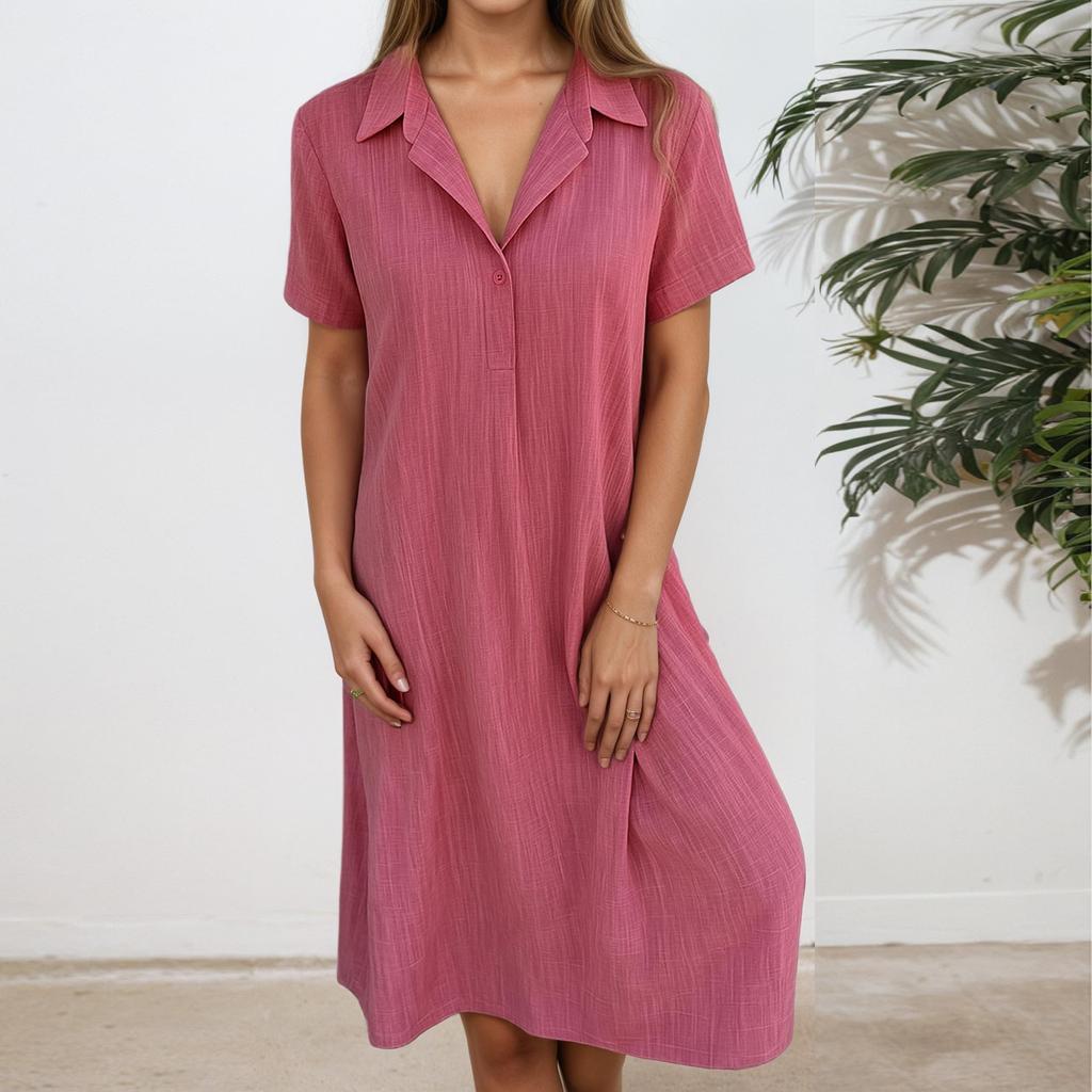 Women's Fashionable Solid Color V Neck Short Sleeved Button Loose Pullover Shirt Dress