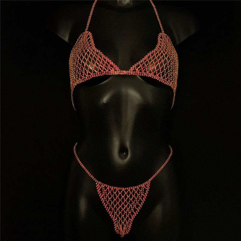 Fashion Luxury Red Crystal Sexy Body Chain Set Sexy Bikini Bra Short Skirt Body Jewelry Women