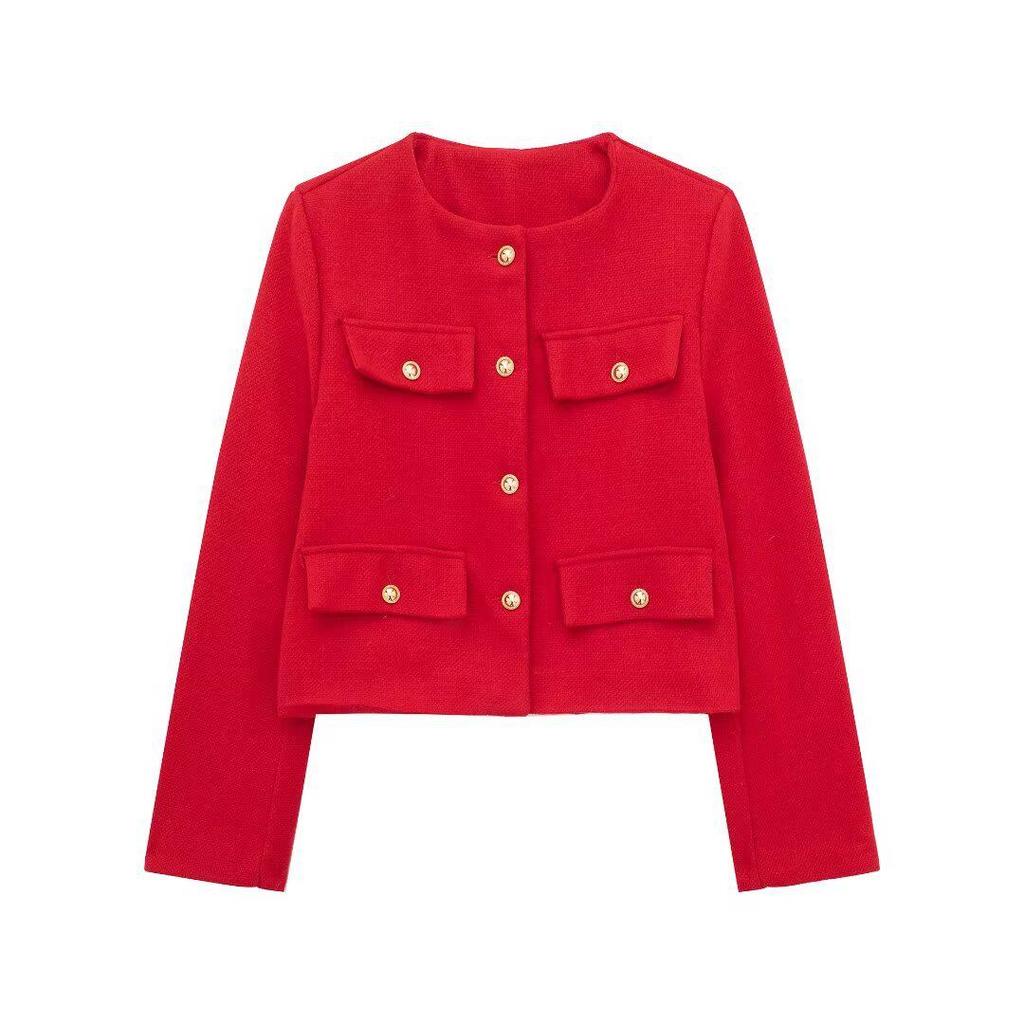 2024 Autumn Women's Pocket Crew Neck Fashion Coat
