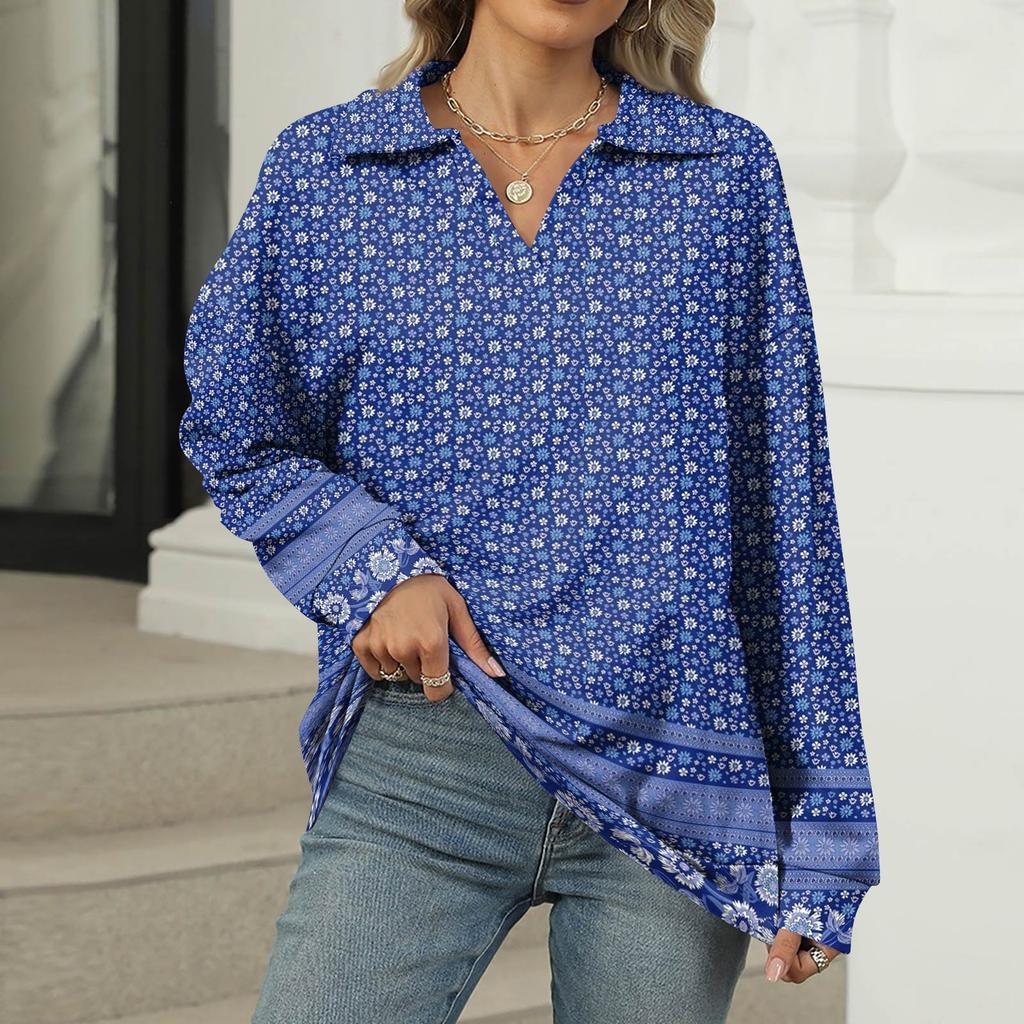 Women's Summer Fashion Casual  Printed V-Neck Long Sleeve Shirt Top