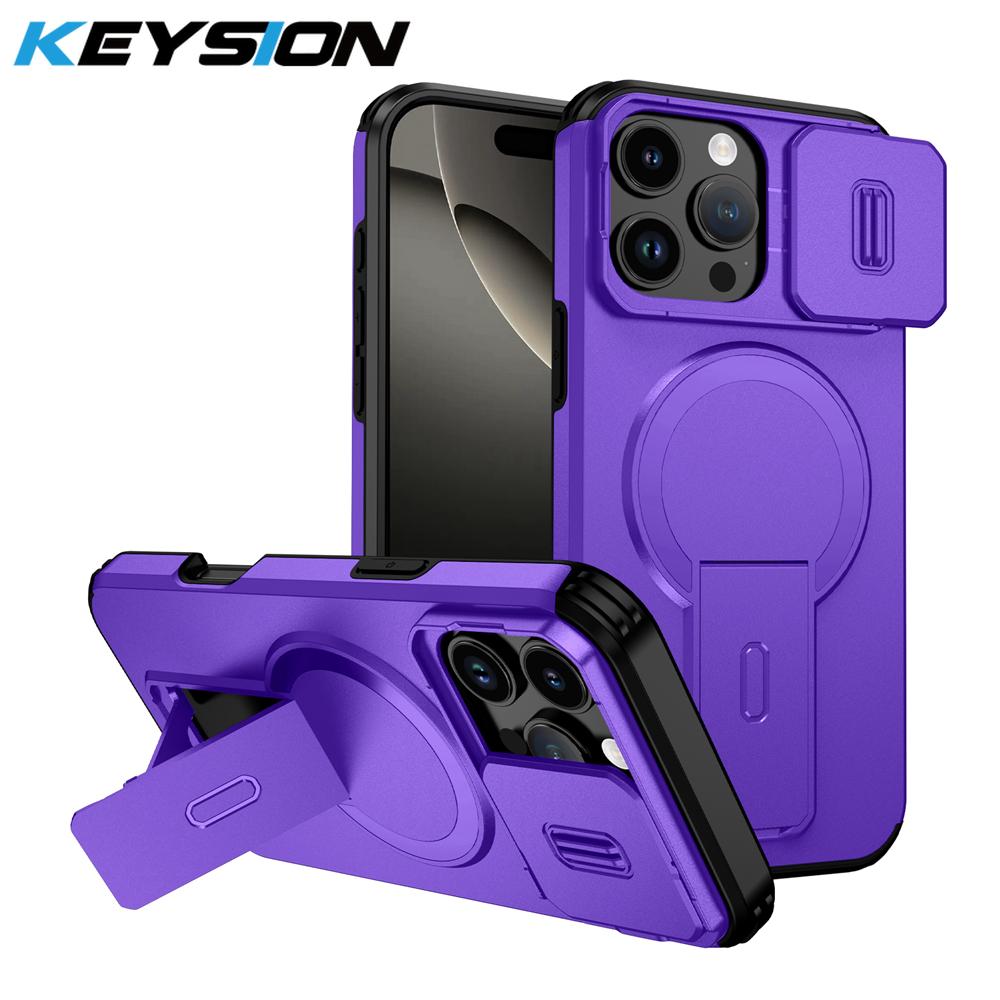 KEYSION Shockproof Magnetic Case for iPhone 16 Pro 16 Pro Max Slide Camera Protect Kickstand Wireless Charging Phone Back Cover