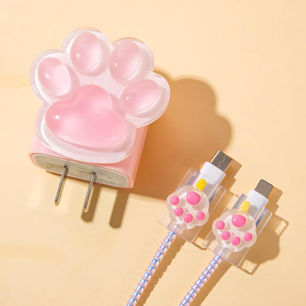 3D Cat Paw Design Charger Cable Protector Cover For iPhone 16 15 14 13 12 18W 20W Original Charger Data Cord Winder Protective