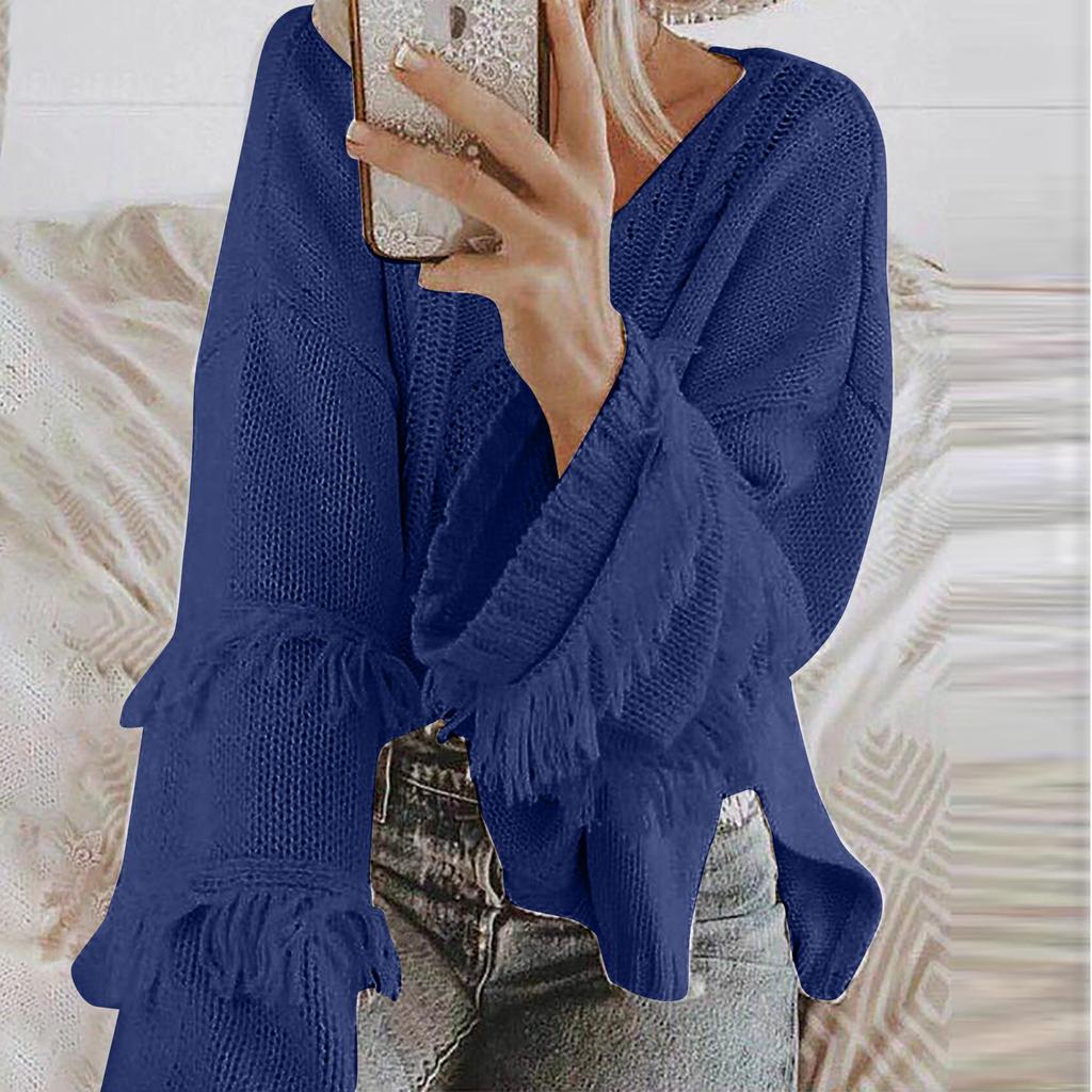 Women's  And Winter Loose Solid Color Wide Sleeve Tassels Stitching Long-sleeved  Knit Sweater Top