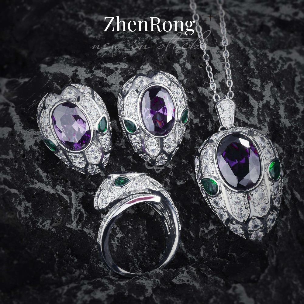 

Luxury Purple Amethyst Snake Jewelry Set with Diamond Pendant Open Ring Earrings Short Necklace