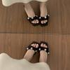Niche Design Sense Rhinestone Bow Open-toed Slippers Women Summer Wear French Beautiful Kitten and Cool Slippers Women