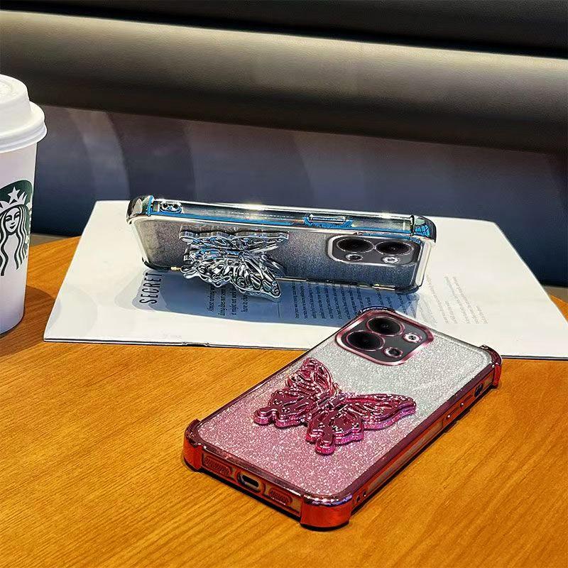 Glitter Plating Butterfly Bracket Holder Phone Case For Funda Xiaomi Redmi Note 15 Pro Plus Redmi 15C 4G 5G POCO C85 Stand Cover