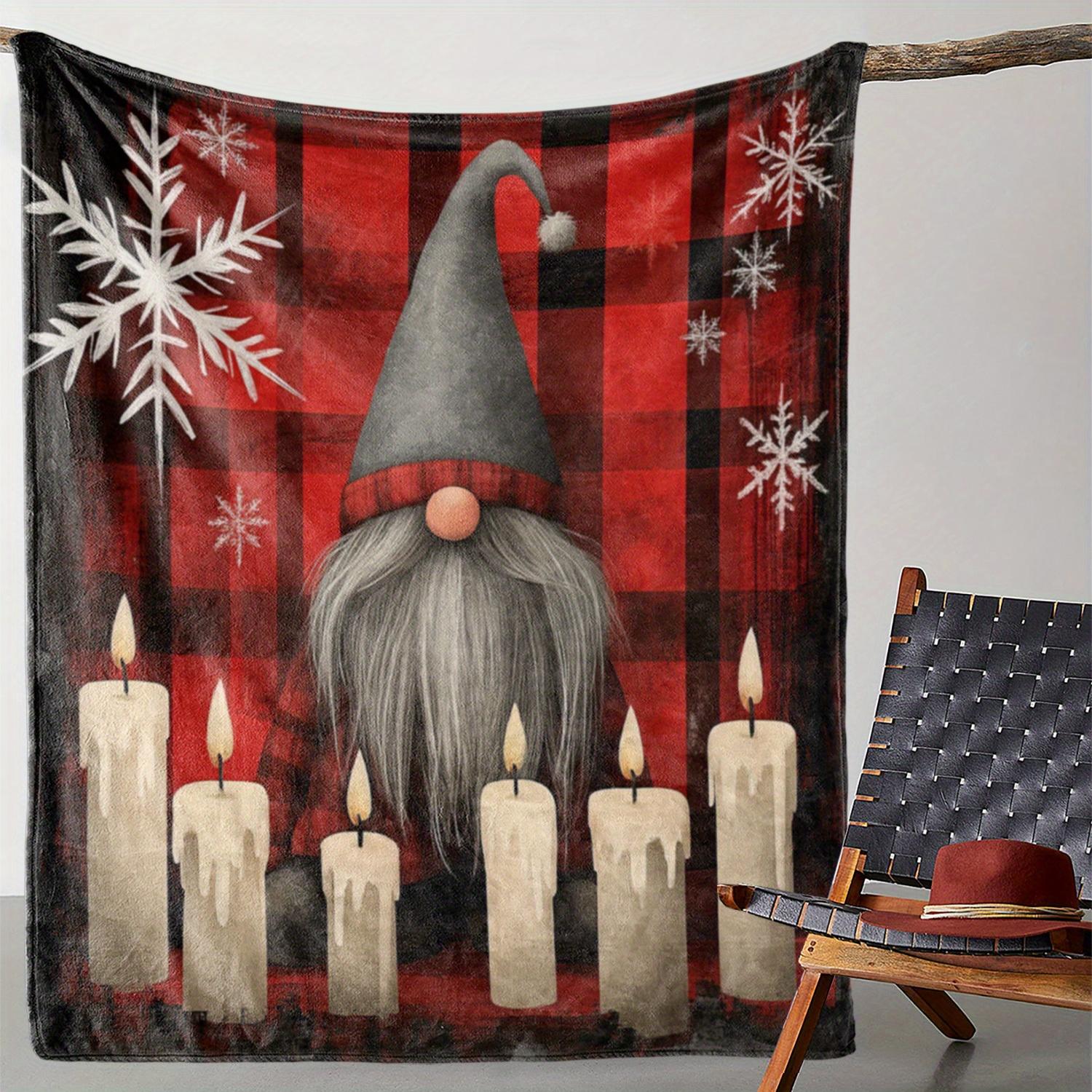 [Soft Warm Cozy Flannel Blanket] Cozy Flannel Christmas Blanket with Plaid Gnome & Snowflake Design - Soft, Warm Throw for Couch 75X95CM