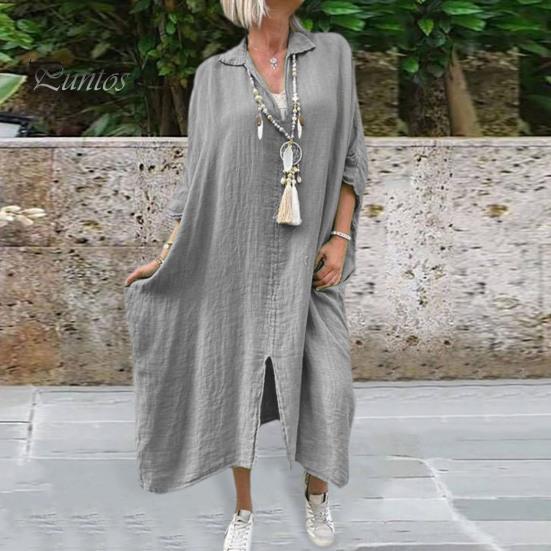 

Летнее женское платье с V-образным вырезом и раздельным подолом, рукава три четверти, свободное платье больших размеров, однотонное, мягкое, дышащее, длиной до середины икры, повседневное повседневное платье миди