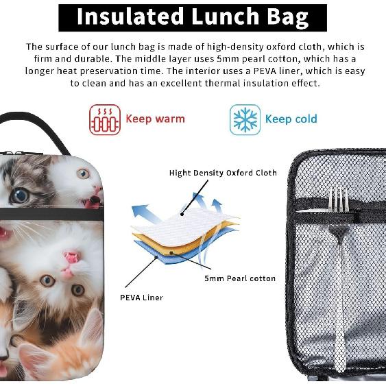 Cute Cat Lunch Box for Kids Girls Boys Kitten Lunch Bag Cooler Tote Reusable Insulated Lunch Bag Container Gifts for Office Picnic Travel Work School