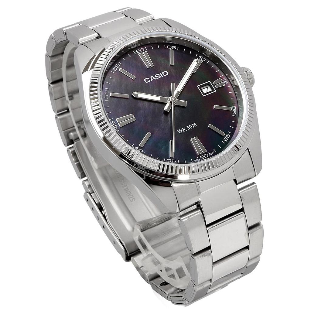 Casio MTP-1302DS-1AV Analog Quartz Men's Watch Metal Band Silver Black Mother of Pearl Dial