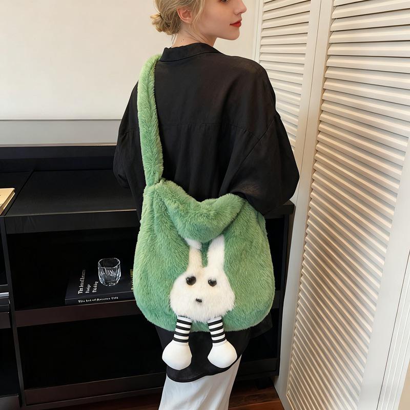 2025 Зимняя милая плюшевая мультяшная сумка-тоут через плечо для женщин - Большая вместимость, модная повседневная сумка на плечо зелёный