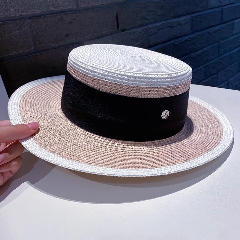 Niche Chic Flat Top Straw Hat Women's Summer Versatile Big Brim Sun Hat British Retro M Standard Top Hat