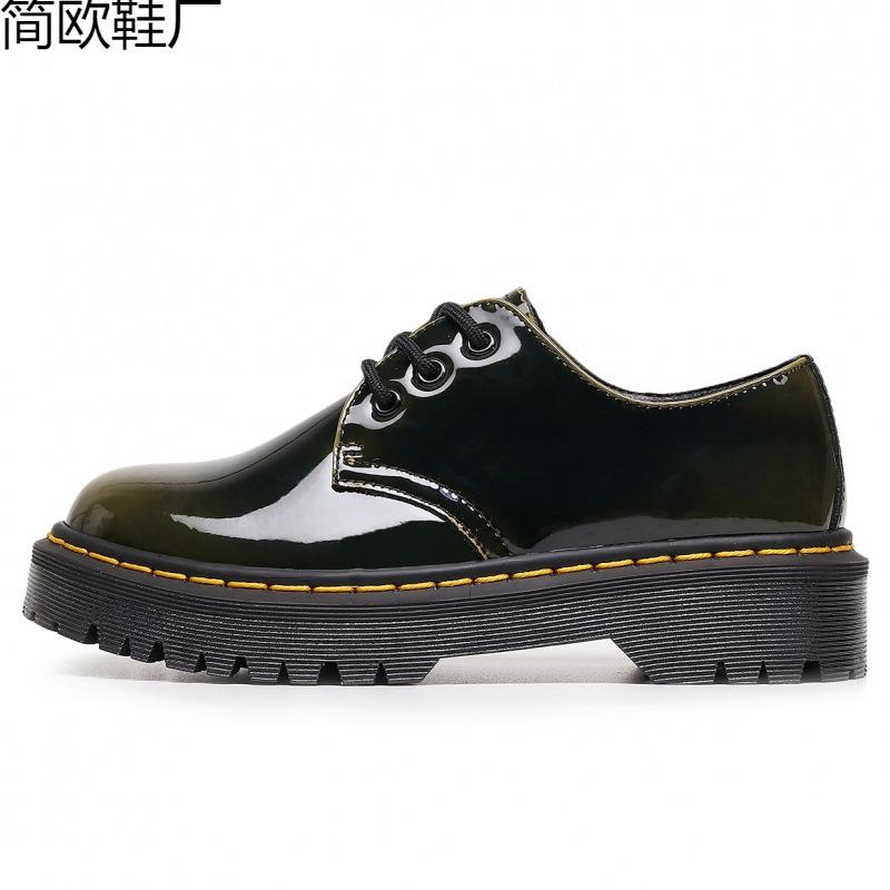 1 thick-soled hole small leather shoes female, low-top leather color-changing green round head casual student medium thick pine