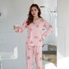 Spring and Autumn women's cartoon pajamas, pink girl cat print long-sleeved suit, loose loungewear