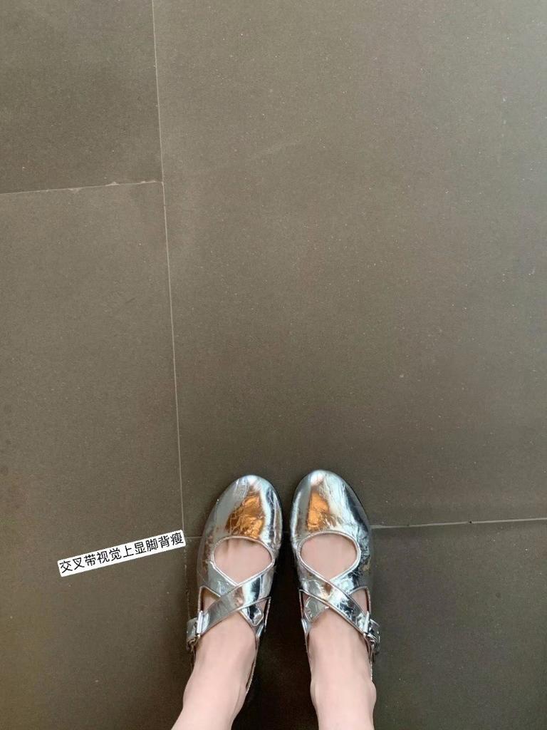 Sheepskin version~ Cross-strap silver Mary Jane shoes women's light mouth flat bottom versatile single shoes genuine leather ballet style small lea