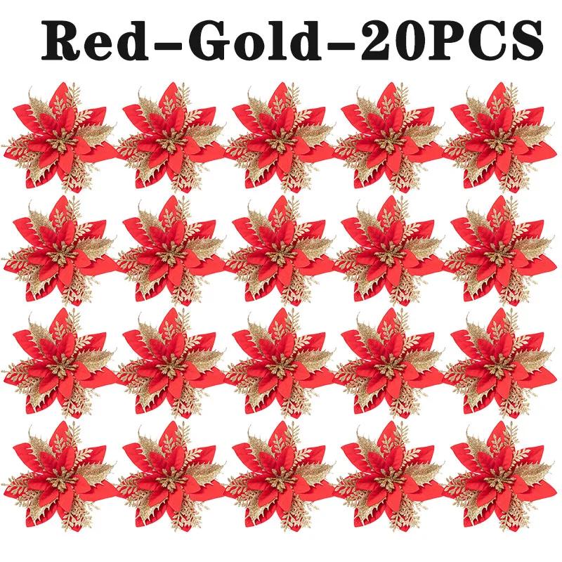 

10 шт./пакет Рождественские цветы с блестками Искусственная пуансеттия Цветочные украшения для рождественской елки DIY Гирлянды Домашний свадебный декор для вечеринки golden red-20pcs