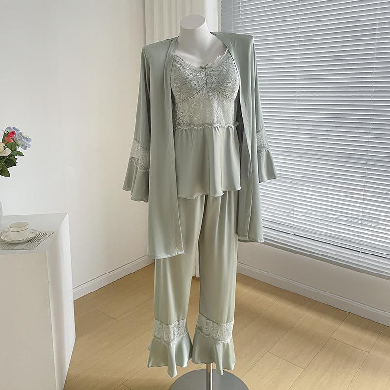 

Весенние и осенние пижамы из трех частей, сексуальная кружевная домашняя одежда, повседневные атласные пижамы, женское нижнее белье, домашняя одежда XL зелёный
