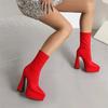Women Platform Ankle Boots High Thick Heels Pointed Toe Rosy Red Purple Stretch Satin Party Club Lady Autumn Slip-on Short Boots
