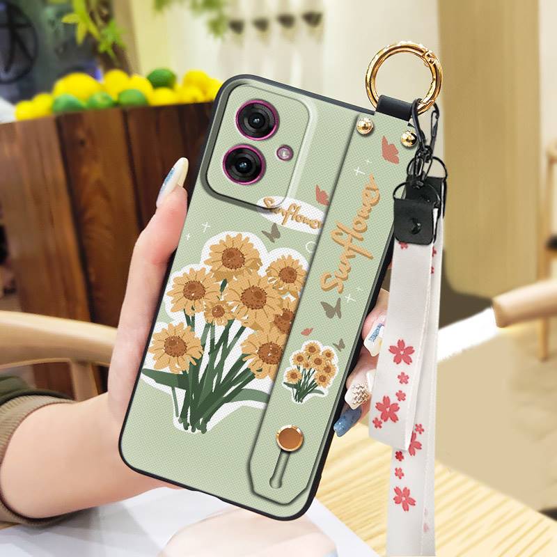 Soft case Wrist Strap Phone Case For MOTO G55 5G Oil Painting Flower Phone Holder Anti-dust Shockproof Lanyard Kickstand