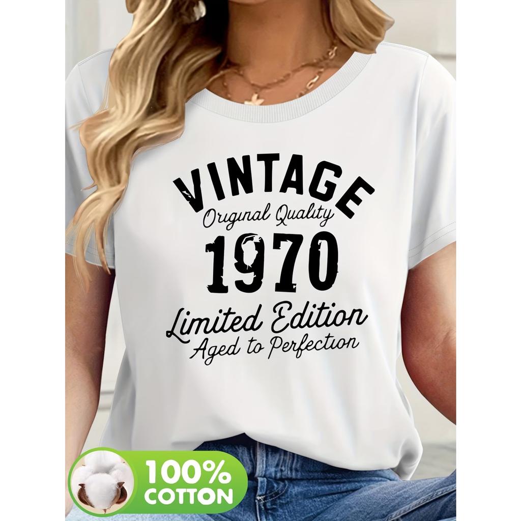 Letter Printed Vintage 1970 Pure Summer Essential Fashion Casual Round Neck Women's Short Sleeved T-shirt