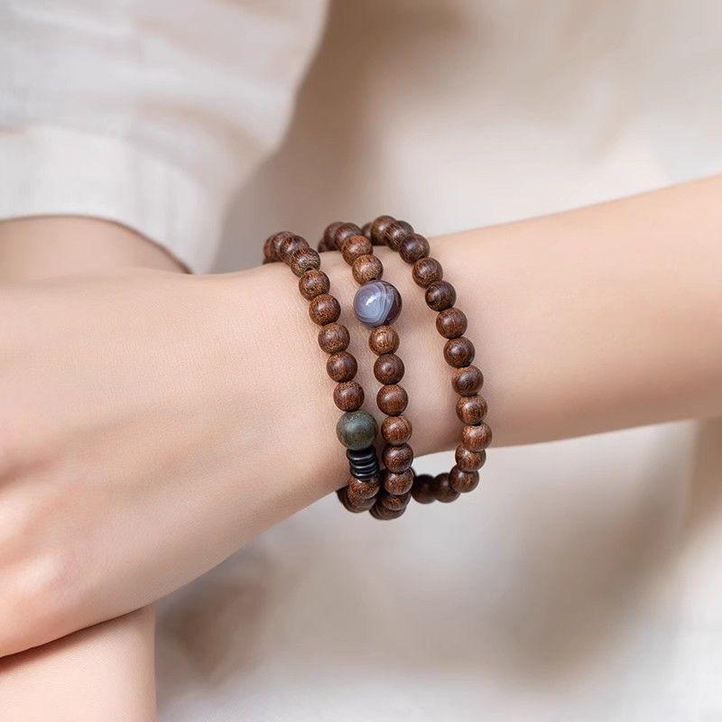 Golden Sandalwood Multi-Layer Ethnic Bracelet: Unisex Retro Chinese Style with Coconut Shell Circles for Couples Wrist 14cm - Gold Sandalwood, 3 Circles, 6mm