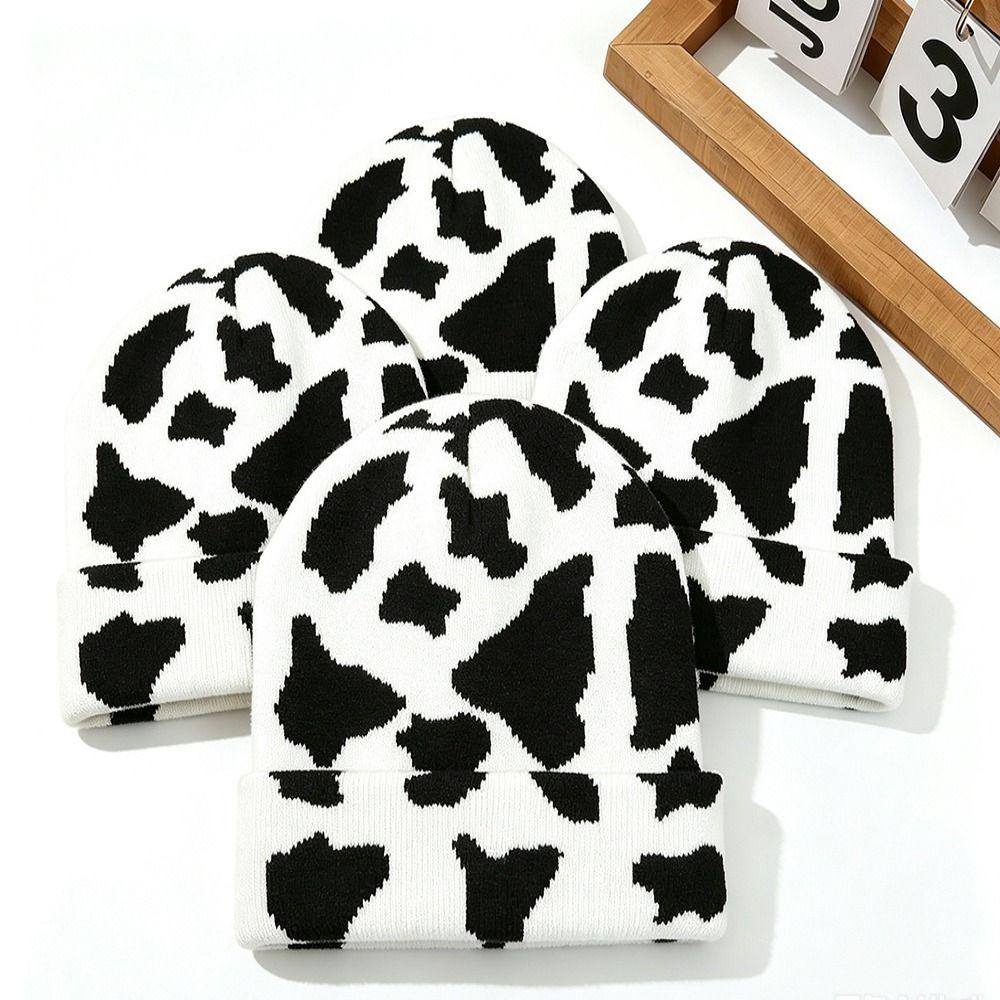 Cow Print Knitted Hat Windproof Warm Hat New Street Cap Unisex