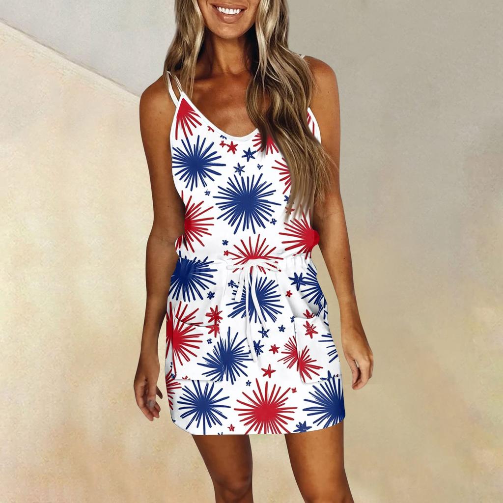 Women's Fashion Summer Independence Day Printed Loose Sleeveless Pocket V-Neck Dress