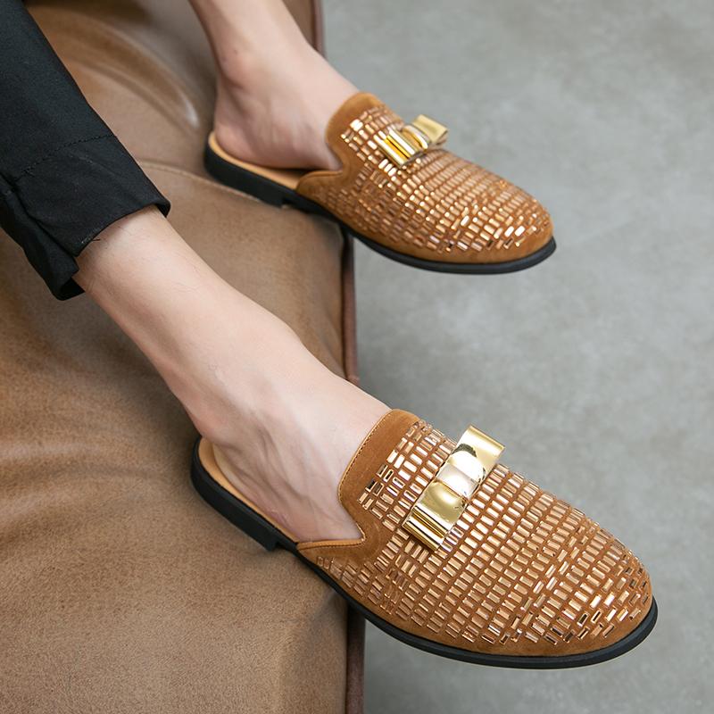 

Роскошные дизайнерские мужские сандалии с бантом из стразов, полу-пайеточная обувь для мужчин, мюли, повседневная обувь, пенни-лоферы, лоферы, тапочки 38