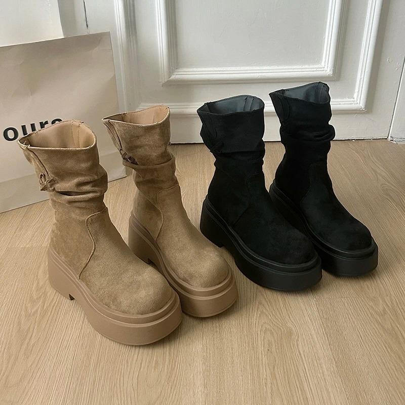 Vintage Platform Thick Bottom Women Western Ankle Boots Fashion Tassel  Slip On Shoes Autumn Winter Female Chunky Short Booties