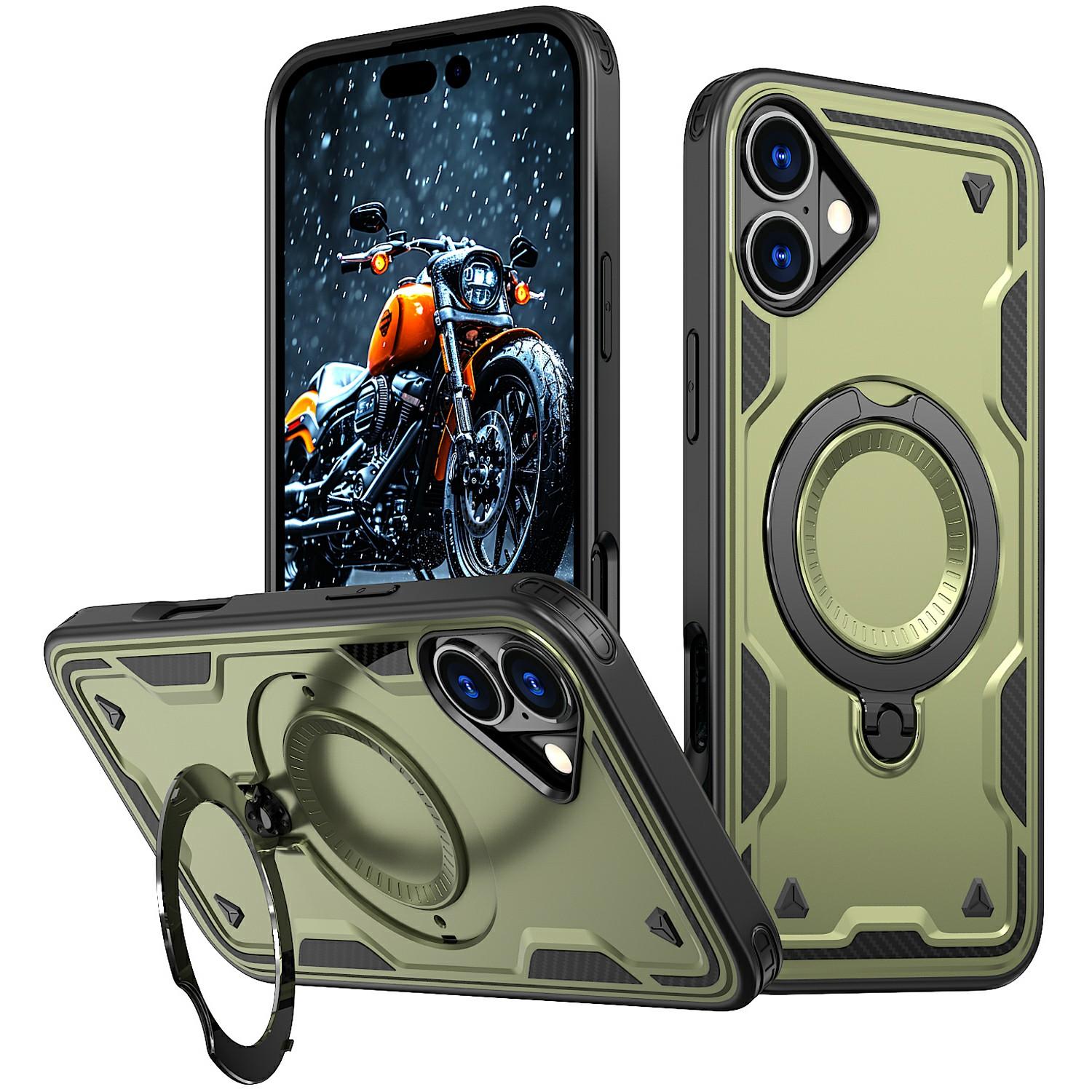 

For iPhone 16 Case Compatible with MagSafe Military Protection PC+TPU Kickstand Phone Cover Olive Green