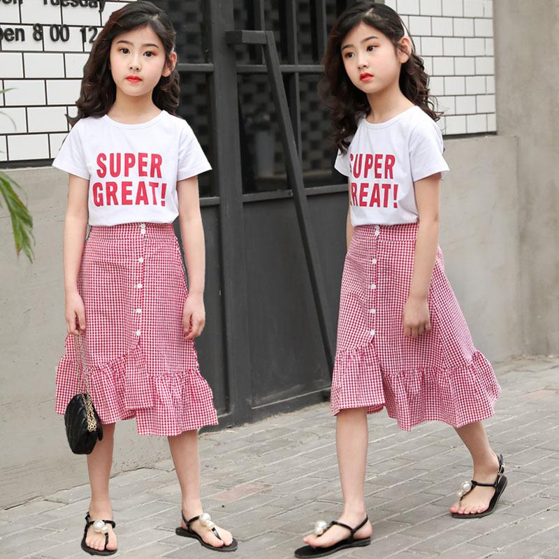 Summer Clothes Kids Girls Outfit Children Cotton Short Letter T Shirt + Split Plaid Skirts