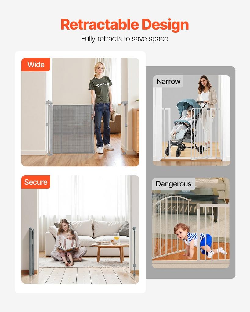 Retractable Baby Gate, 870 Mm Tall, Extends Up To 2800 Mm Wide, Retractable Gate for Kids or Pets, Mesh Material, Easy To Install for Indoor Stairs,