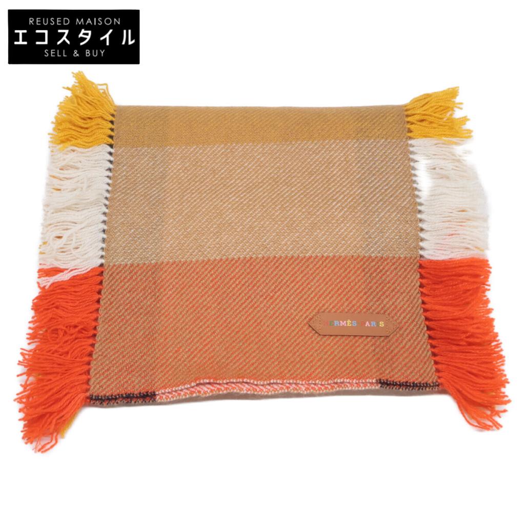 HERMES [Good Condition] Cashmere Fringe Scarf Jaune Soleil/Beige/EcruUsed