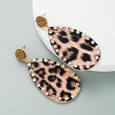Frauen doppelseitige Leopard Print Tropfen Ohrringe Titan Stahl Zirkon Kristall PU Leder Böhmen Ohr Ornamente