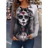 Horror Women T-Shirt Halloween Skull 3D Print T Shirt Women Fashion O-Neck Long Sleeve Oversized Tops Tees Female Clothing 2025