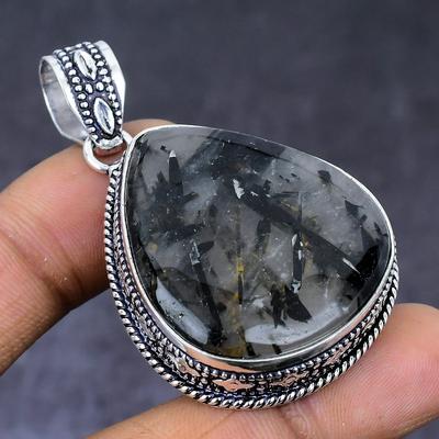 Black Rutile Gemstone 925 Steling Silver Jewelry Pendant 2.05" l2S61