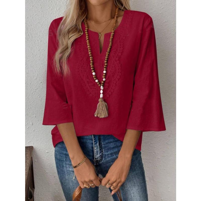 BITCED Women's Fashion Casual Solid Color Print O-Neck Blouses & Shirts